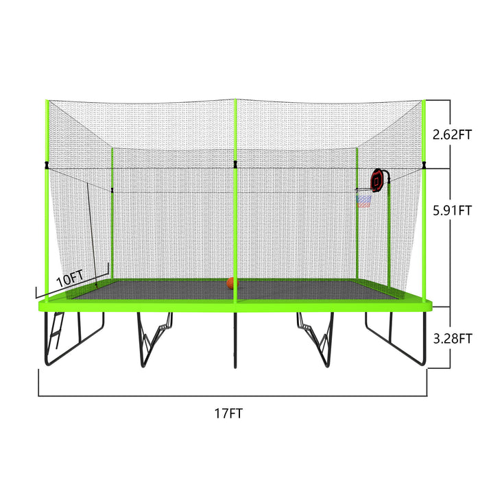 10 Ft By 17 Ft Rectangule Trampoline With Green Fabric Black Powder - Coated Galvanized Steel Tubes With Basketball Hoop System Advanced Ladder