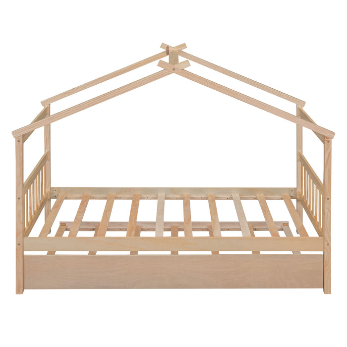 Wooden House Bed With Twin Size Trundle