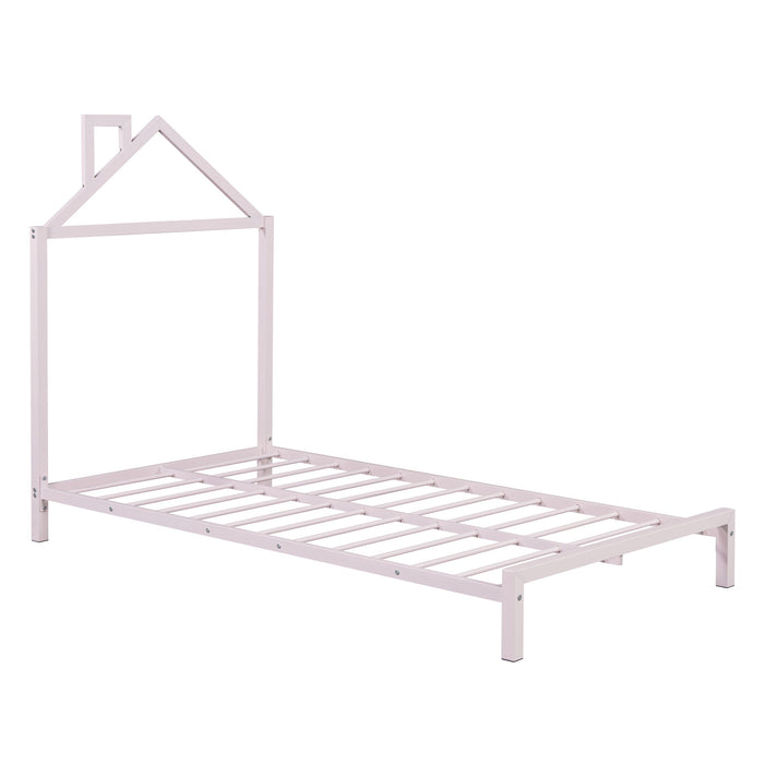 Twin Size Metal Platform Bed With House-Shaped Headboard Design