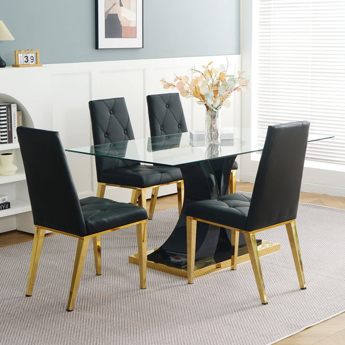 Modern Style Glass Dining Table, Elegant Transparent Design, Solid Support Base, Black Dining Chair Set, Gold-Plated Chair Legs, Suitable For Restaurant Kitchens