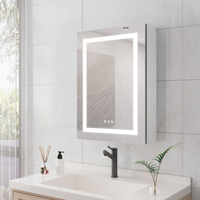 20 x 28" Bathroom Medicine Cabinet With Mirror Wall Mounted LED Bathroom Mirror Cabinet With Lights, Anti-Fog, Waterproof, Dimmable, 3000K~6000K, Single Door, Touch Swich, Storage Shelves - Silver