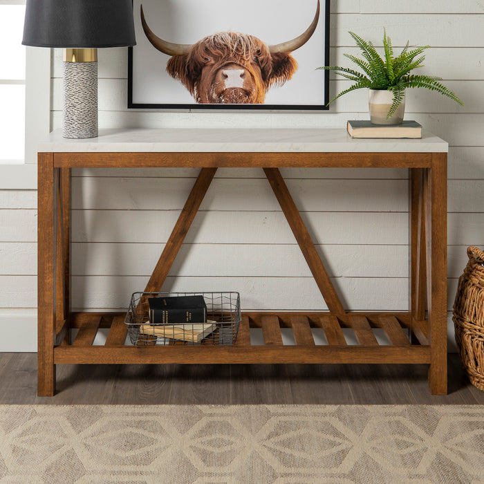 Farmhouse A Frame Faux Marble Entry Table With Lower Shelf - White / Walnut