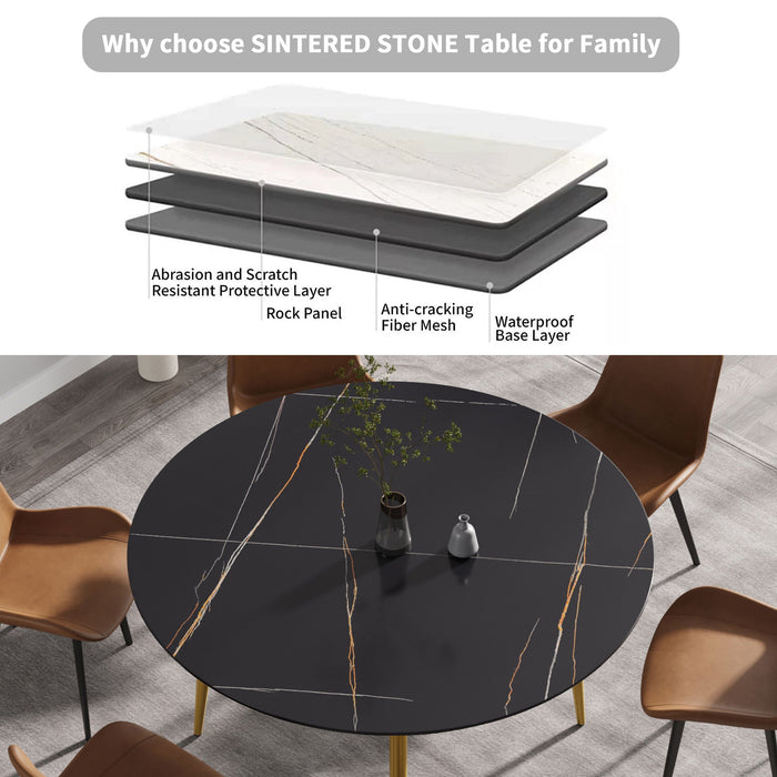 Modern Man-Made Stone Round Metal Dining Table-Position For 6 People - Black