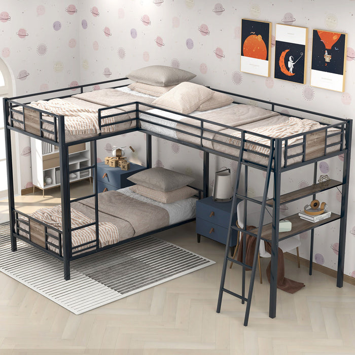 L-Shaped Twin Over Twin Bunk Bed With Twin Size Loft Bed With Desk And Shelf - Brown