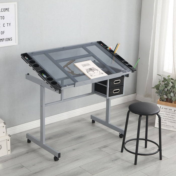 Adjustable Art Drawing Desk Cra Ft Station Drafting With 2 Non - Woven Fabric Slide Drawers And 4 Wheels