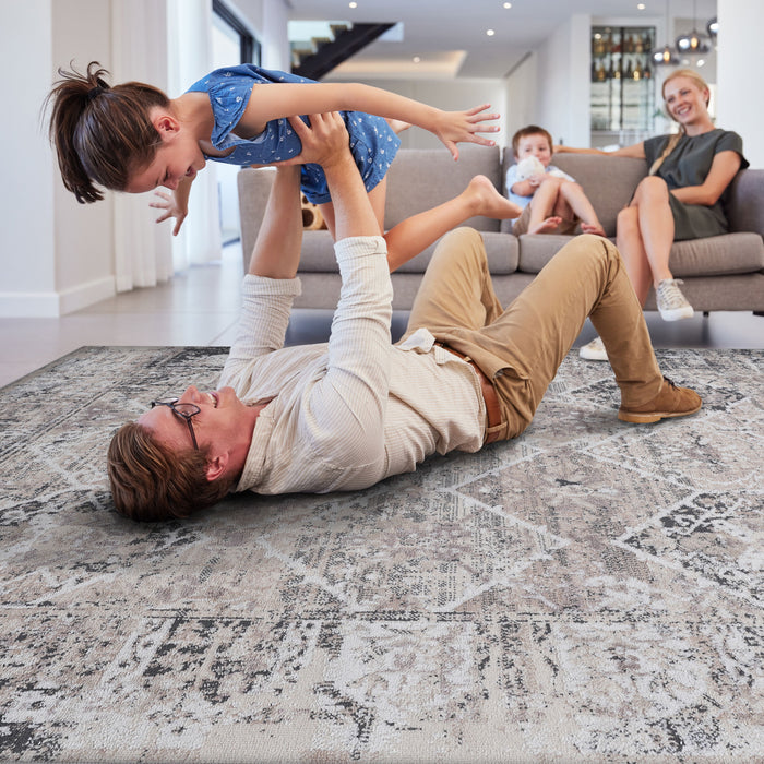 5' x 7' Traditional Non-Shedding Living Room Bedroom Dining Home Office Stylish And Stain Resistant Area Rug - Cream / Anthracite