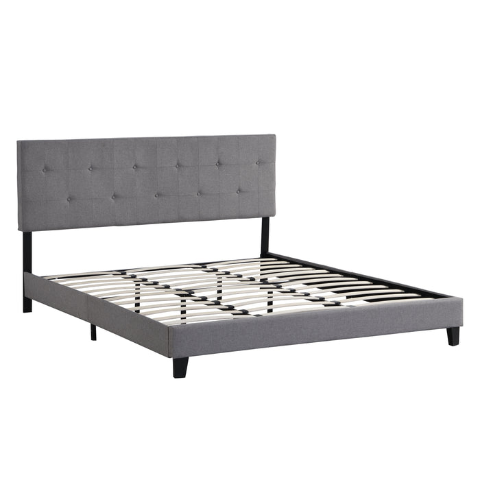 King Size Upholstered Platform Bed Frame With Button Tufted Linen Fabric Headboard, No Box Spring Needed, Wood Slat Support