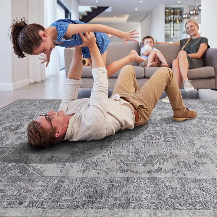 5' x 7' Oriental Non-Shedding Living Room Bedroom Dining Home Office Stylish And Stain Resistant Area Rug - Silver