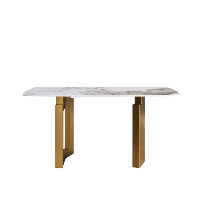 63" Artificial Stone Pandora White Curved Golden Metal Leg Dining Table, 6 People - Antique White / Gold