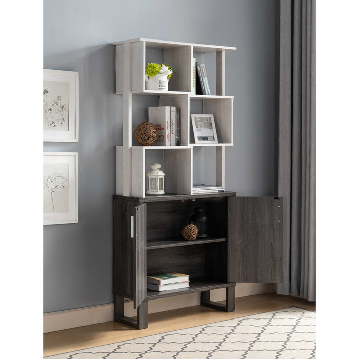 Multi-Level Display Cabinet, Two Door Storage Cabinet With Shelving - White Oak & Distressed Grey