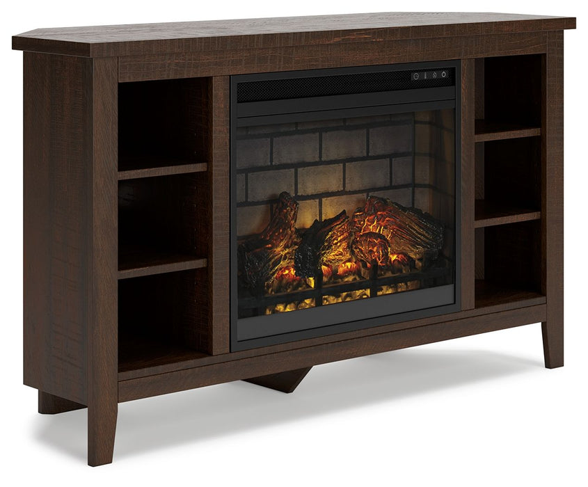 Camiburg - Warm Brown - Mueble esquinero para TV con inserto para chimenea de ladrillo refractario sintético