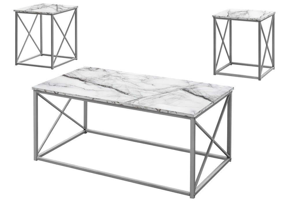 Table Set, Coffee, End, Side, Accent, Living Room, Marble Look Laminate, Contemporary & Modern (Set of 3) - White