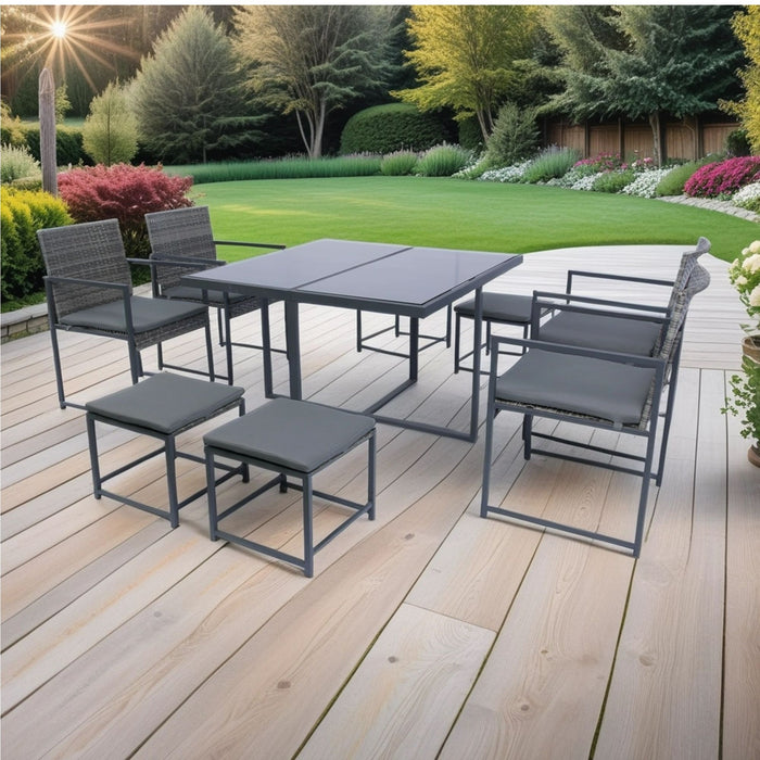 9 Pieces Patio Dining Sets Outdoor Space Saving Rattan Chairs With Glass Table Top Wicker And Cushion - Dark Gray