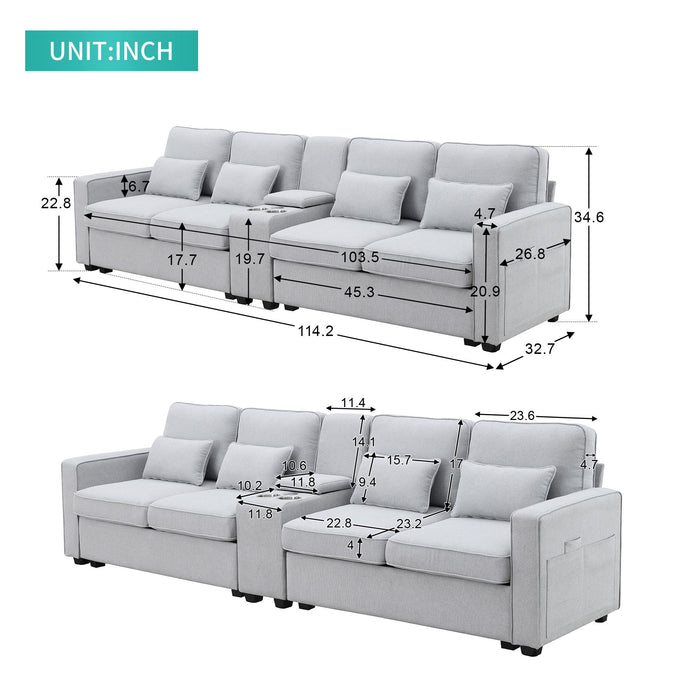 Upholstered Sofa With Console, 2 Cupholders And 2 USB Ports Wired Or Wirelessly Charged, Modern Linen Fabric Couches With 4 Pillows For Living Room, Apartment (4-Seat)