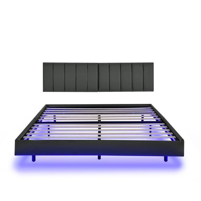 Queen Floating Bed Frame with LED Lights and Wall Mounted Headboard - Grey