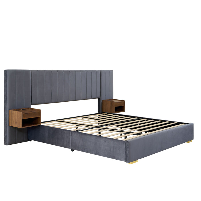 Upholstered Bed Frame Of Velvet Tufted Headboard With Floating Nightstand LED / USB Built