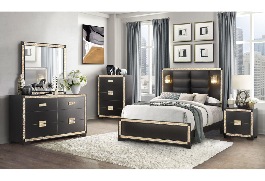 Blake - 4 Piece Queen Bedroom Set (Queen Bed With Lamps, Dresser, Mirror, Nightstand) - Black / Gold