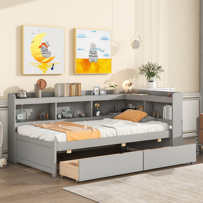 Twin Bed With L-Shaped Bookcases, Drawers - Gray