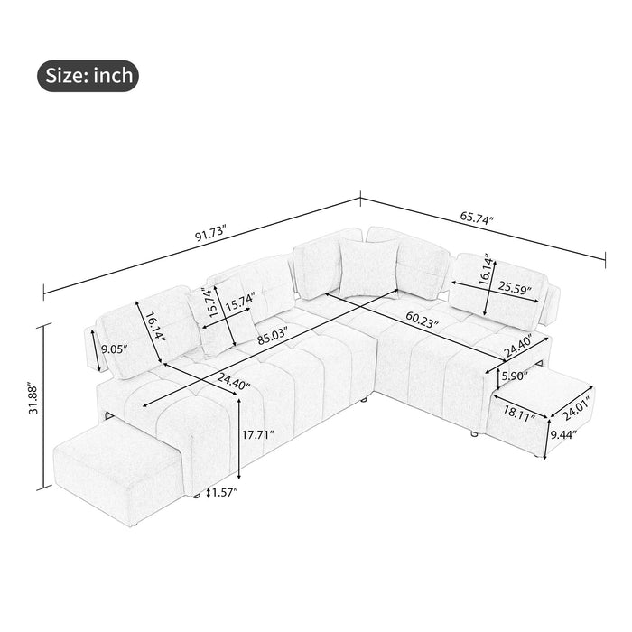 L-Shaped Sofa Sectional Sofa Couch With 2 Stools And 2 Lumbar Pillows For Living Room