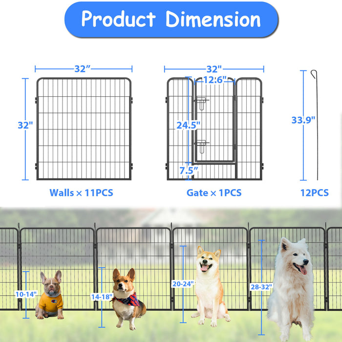 Dog Pens Outdoor Height Foldable 12 Panels Heavy Duty Portable Dog Playpen Indoor Anti Rust Exercise Dog Fence With Doors For Pets Play Pen For RV Camping Yard - Black