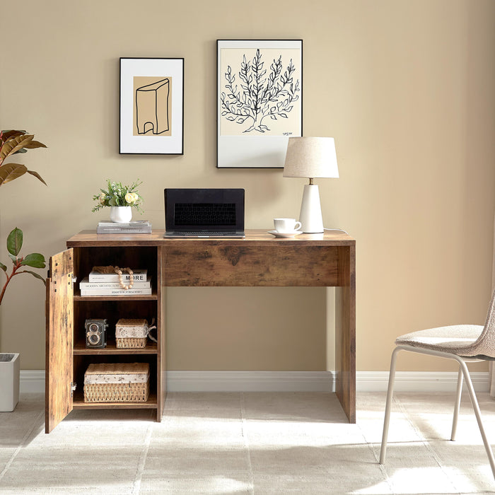 Home Office Desk One Cabinet Three Shelves Faux Barn Door On Metal Euro Hinges Modesty Panel - Distressed Wood