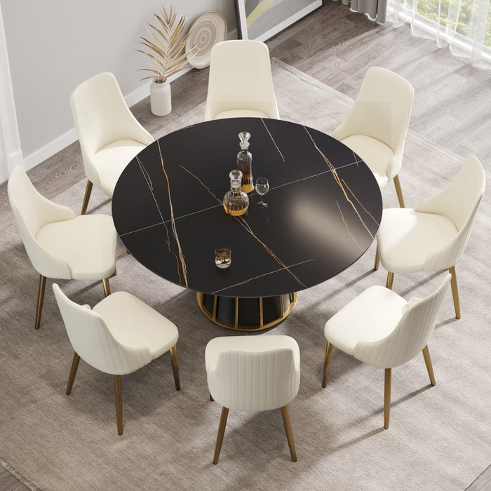 Modern Artificial Stone Round Metal Iron Base Dining Table, Can Accommodate 8 People, (Not Including Chairs) - Black