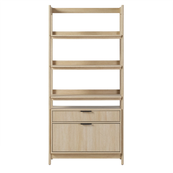 Transitional Wide Reeded Bookshelf With Drawers On Bottom - Oak