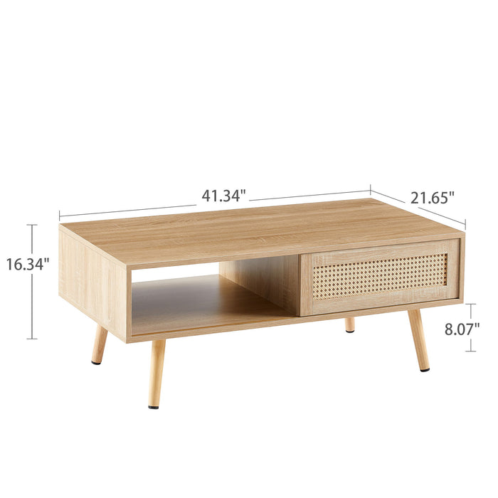 41.34" Rattan Coffee Table, Sliding Door For Storage, Solid Wood Legs, Modern Table For Living Room