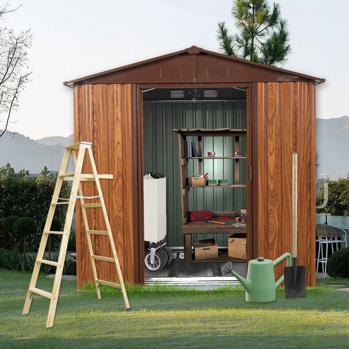 Outdoor Metal Storage Shed With Metal Floor Base, With Window - Coffee