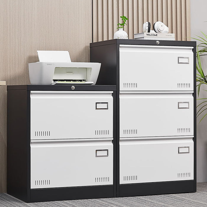 3 Drawer Metal Lateral File Cabinet With Lock, Office Vertical Files Cabinet For Home Office - Black / White