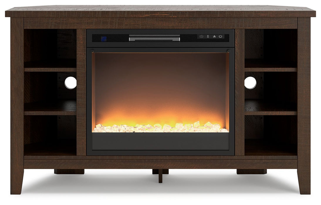 Camiburg - Warm Brown - Mueble TV esquinero con inserto para chimenea Vidrio/Piedra
