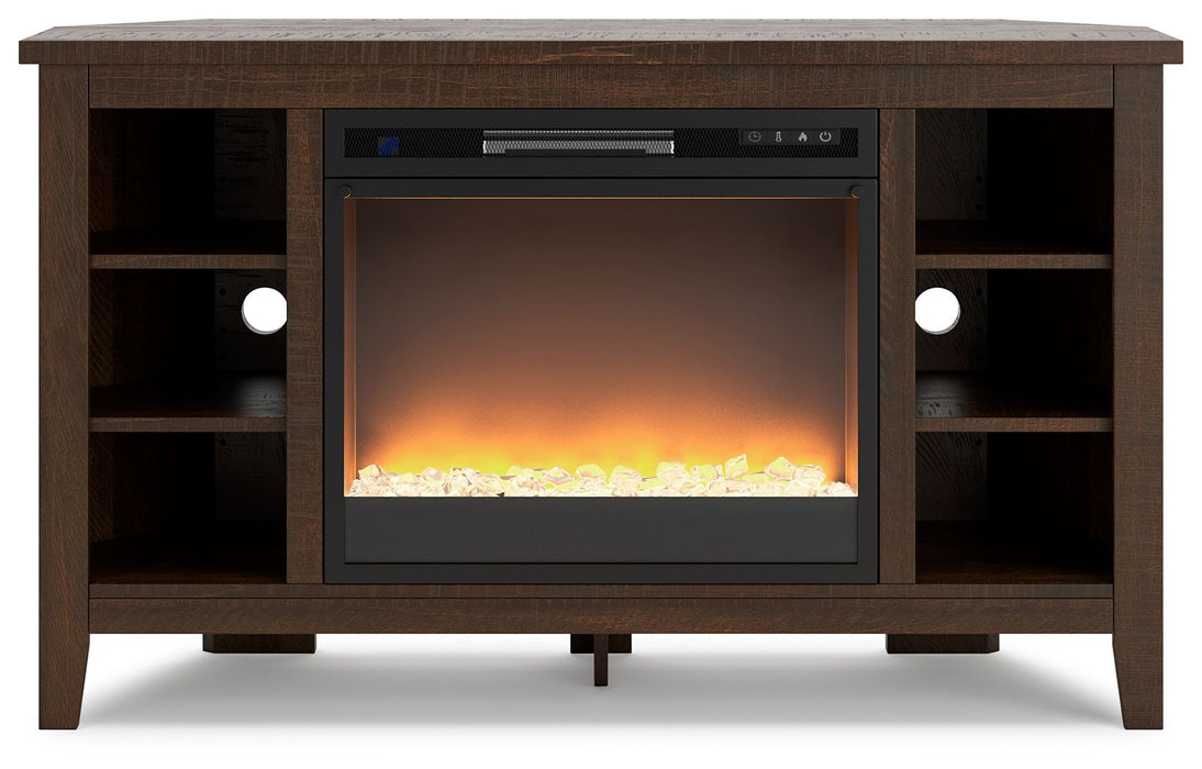 Camiburg - Warm Brown - Corner TV Stand With Fireplace Insert Glass/Stone