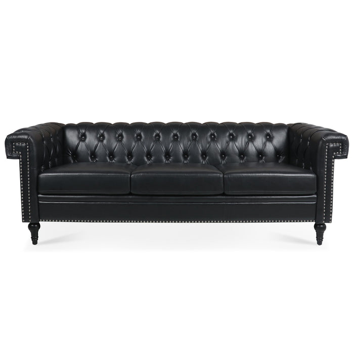 Traditional Square Arm Removable Cushion 3 Seater Sofa - Black