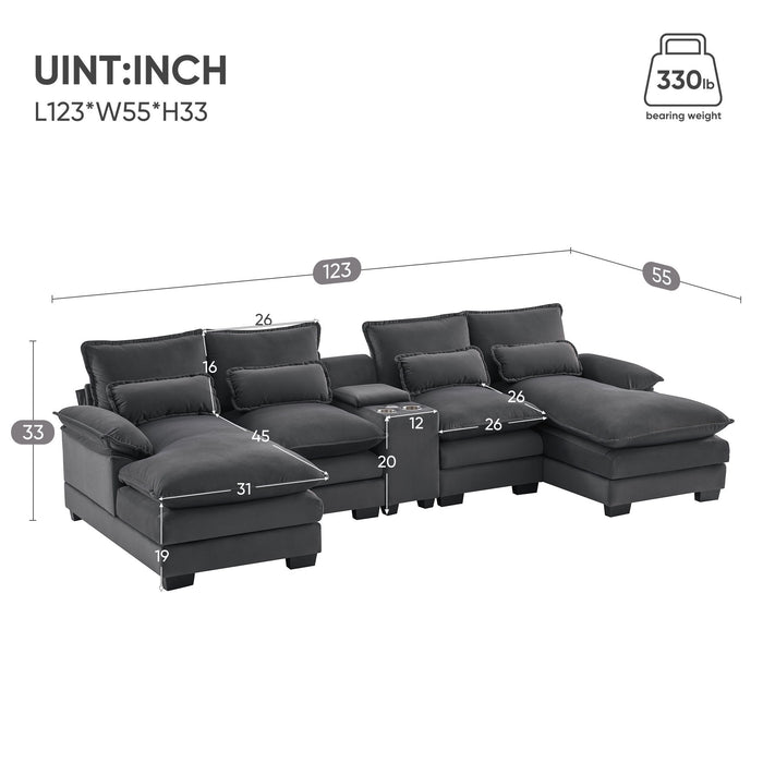 123 X 55" Modern U-Shaped Sofa With Console, Cupholders And USB Ports, 6 Seat Upholstered Symmetrical Indoor Furniture, Sleeper Couch Set With Chaise For Living Room, Apartment, 2 Colors