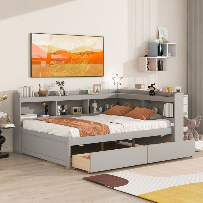 Full Bed With L-Shaped Bookcases, Drawers