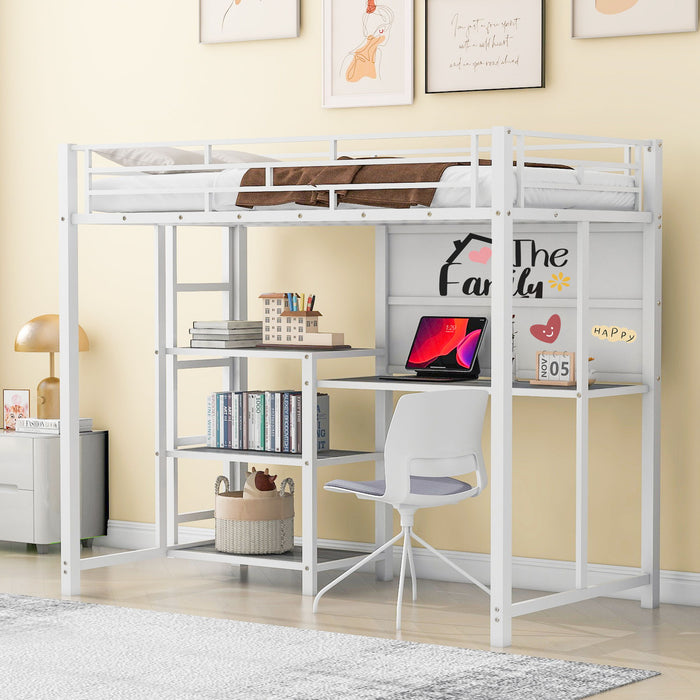 Twin Size Loft Bed With Desk And Whiteboard, Metal Loft Bed With 3 Shelves And Ladder - White