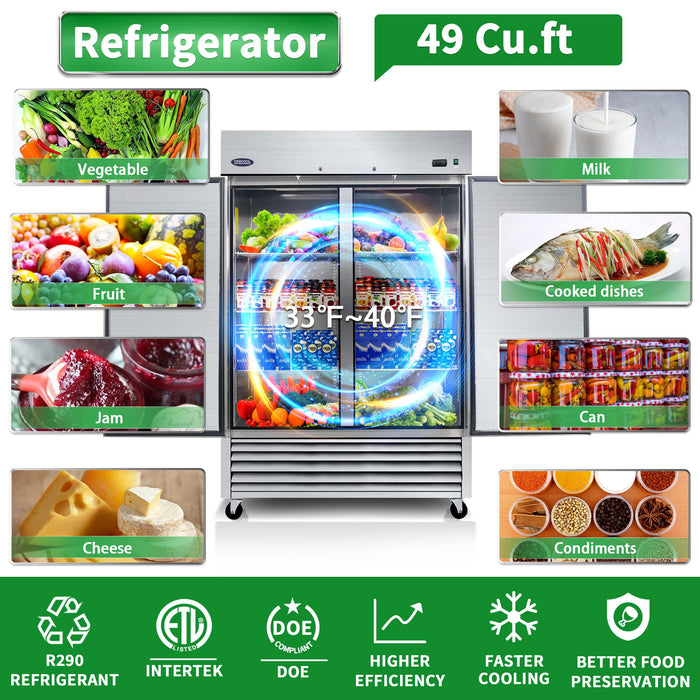 54" Commercial Refrigerator 49 Cu.Ft With 2 Solid Door Reach-In Refrigerators Stainless Steel Etl Approved Upright Fridge Storage - Silver