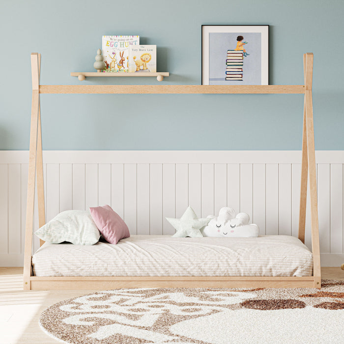 Wood Tent Bed For Kids, Montessori Style Low - Floor Bed, House-Shape Tent Bed Frame