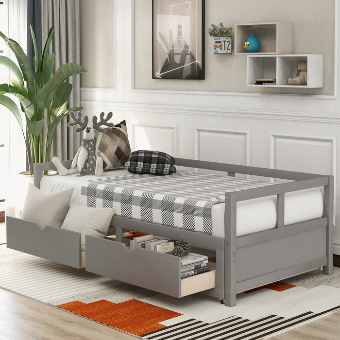 Wooden Daybed With Trundle Bed And Two Storage Drawers, Extendable Bed Daybed, Sofa Bed For Bedroom Living Room - Gray