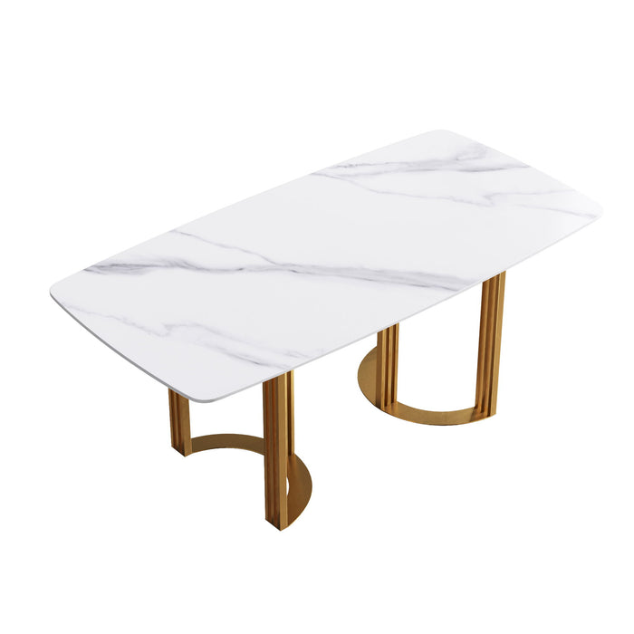 70.87" Modern Artificial Stone White Curved Golden Metal Leg Dining Table, Can Accommodate 6-8 People - White / Gold