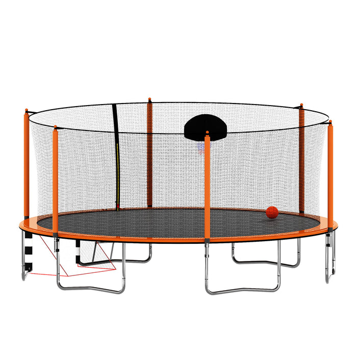 Trampoline With Basketball Hoop Pump And LadderInner Safety Enclosure With Soccer Goal Orange