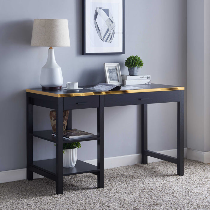 Elegant Office Desk With Two Drawer, Two Bottom Storage Shelves - Black & Gold
