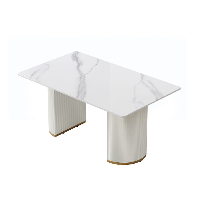 63" Modern Artificial Stone Panel PU Plywood Legs, Can Accommodate 6-8 People - White / Beige