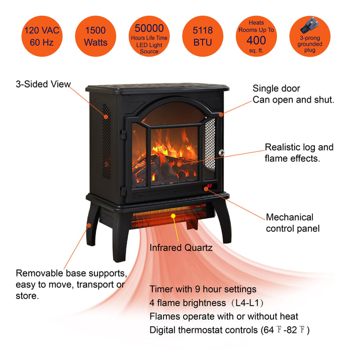 18" 3D Flame Electric Infrared Quartz Fireplace Stove With Remote Control - Antique Black