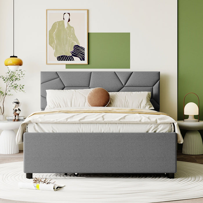 Upholstered Platform Bed With Brick Pattern Headboard And Twin Size Trundle, Linen