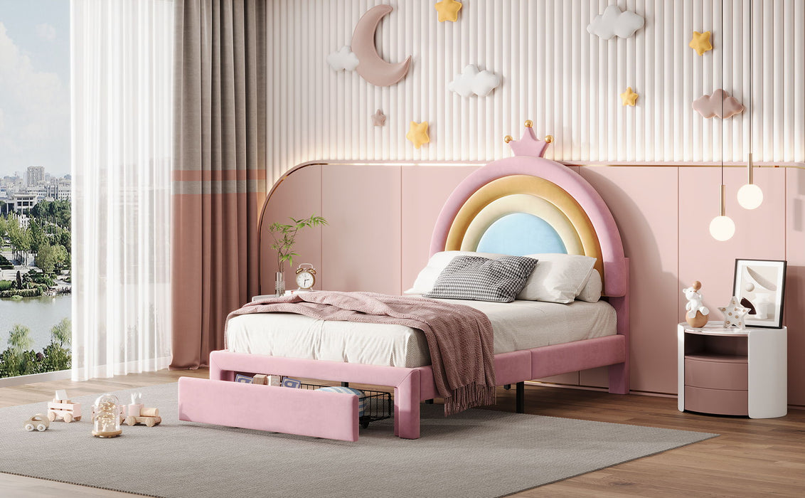 Upholstered Rainbow Design Bed, Velvet Princess Platform Bed With Storage Drawer