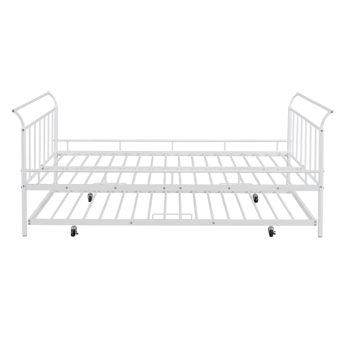 Full Size Metal Daybed With Curved Handle Design And Twin Size Trundle - White