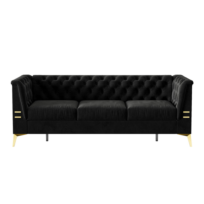 Fx-P83-Bk2 (Sofa) Luxurious Velvet Sofa With Gold Legs, Modern Chesterfield Design, Tufted Upholstery, 3-Seat Couch For Living Room And Office - Black