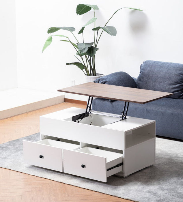 Luna - 45.5" Coffee Table With Walnut Finish Lift Top, 2 Drawers, And 2 Shelves - White And Brown