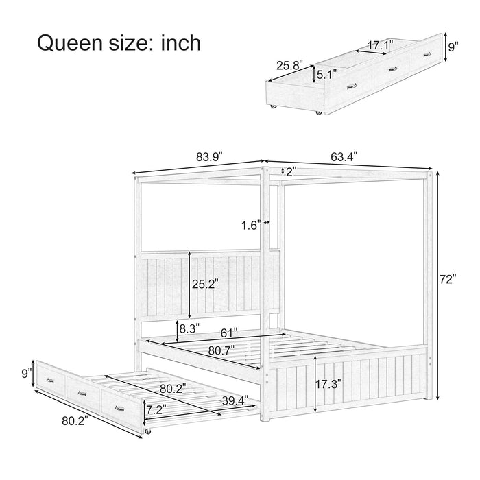Canopy Platform Bed With Trundle And 3 Storage Drawers, 4 Post Solid Bed Frame With Headboard